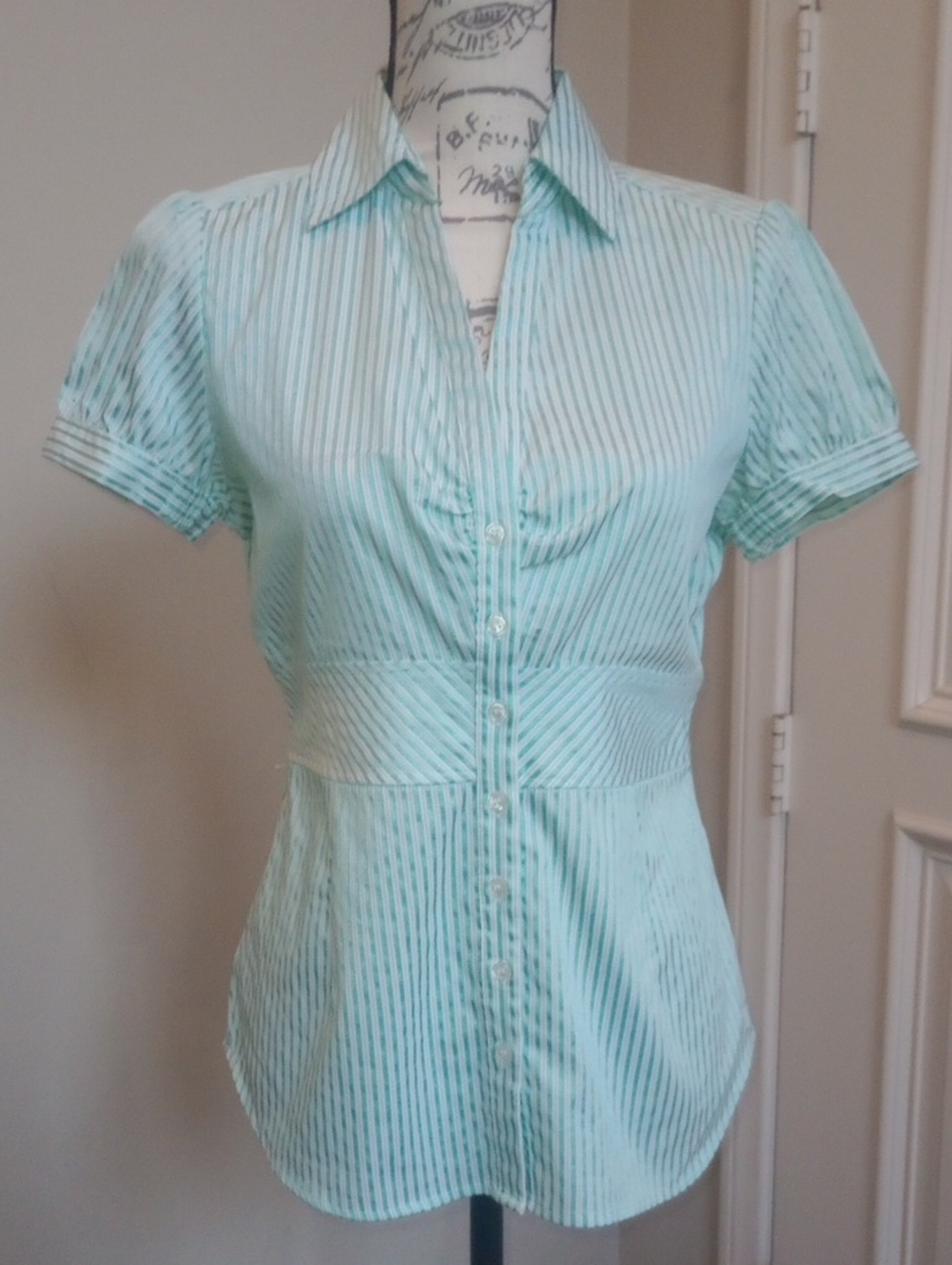6 Hrs Sale💥New York & Company Short-Sleeve Mint Striped Button-Front Shirt